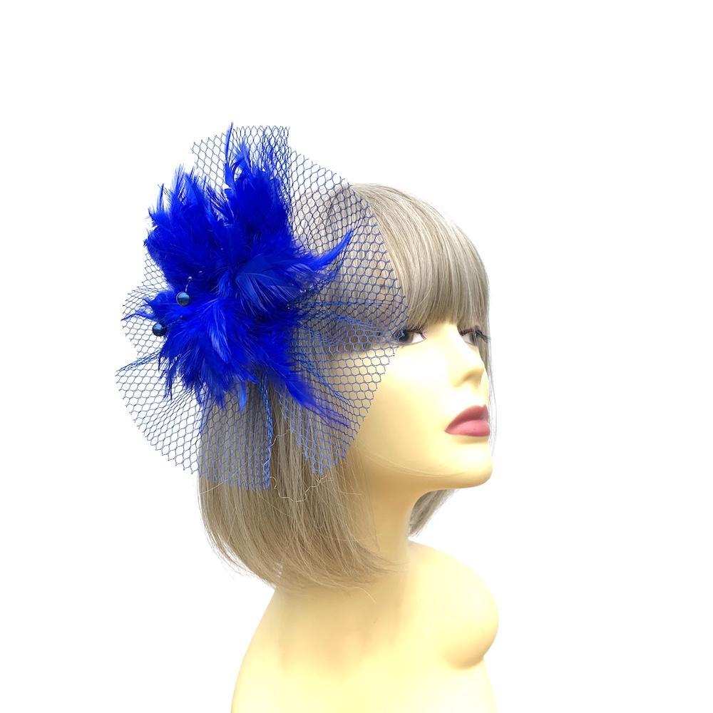 Blue Fascinator Clip with Feather Flower &amp; Netting-Fascinators Direct
