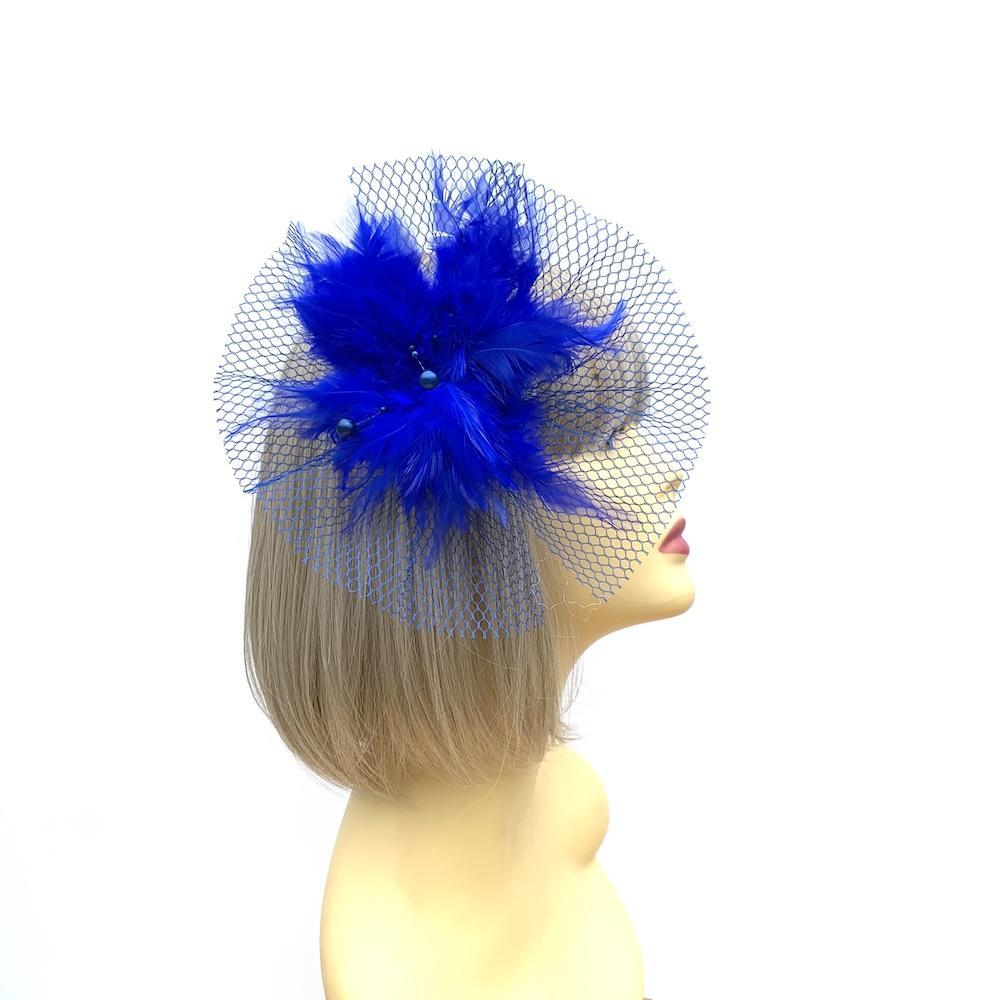 Blue Fascinator Clip with Feather Flower &amp; Netting-Fascinators Direct