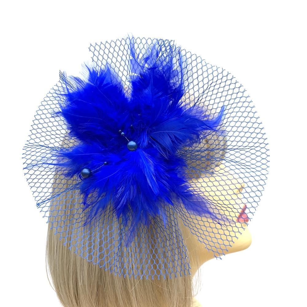 Blue Fascinator Clip with Feather Flower &amp; Netting-Fascinators Direct