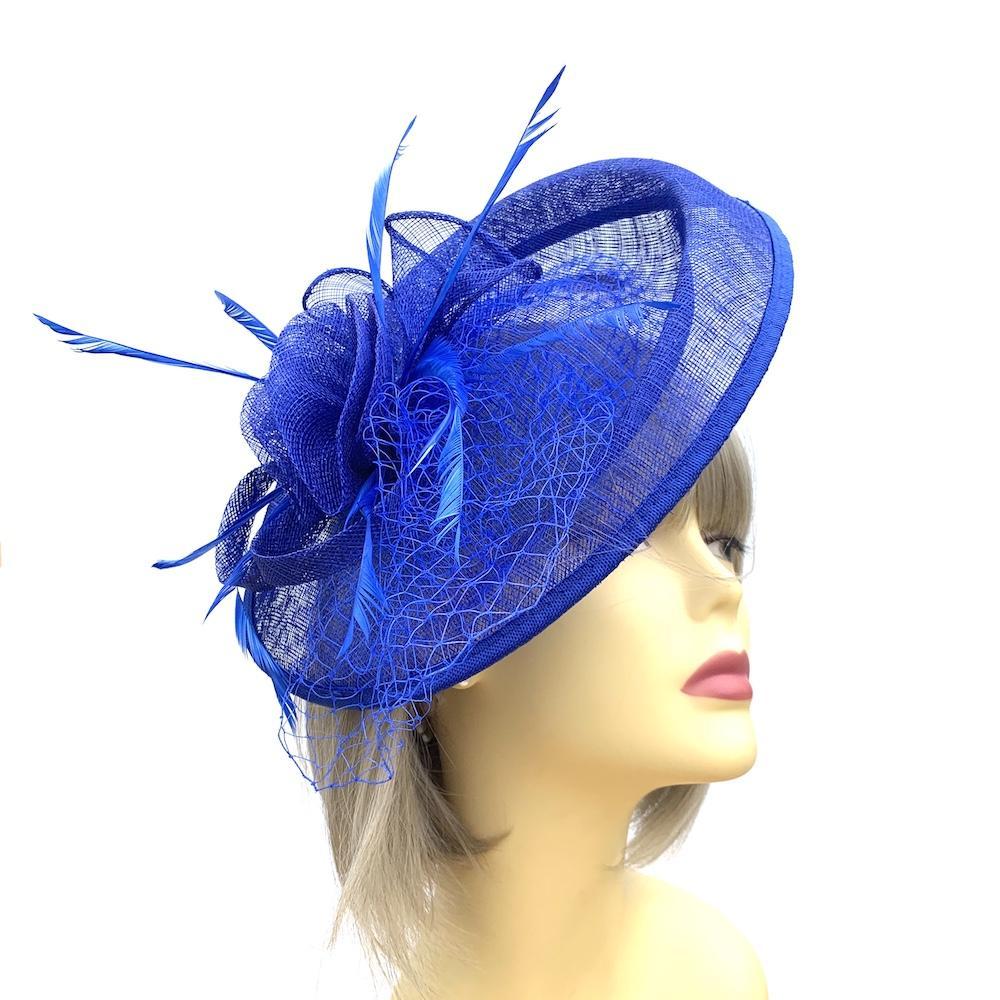 Blue Fascinator Hat with Feathers and Scalloped Sinamay Detailing-Fascinators Direct
