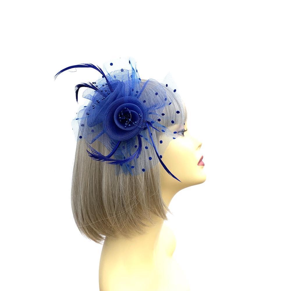 Blue Flower Fascinator Clip with Polka Dot Netting-Fascinators Direct