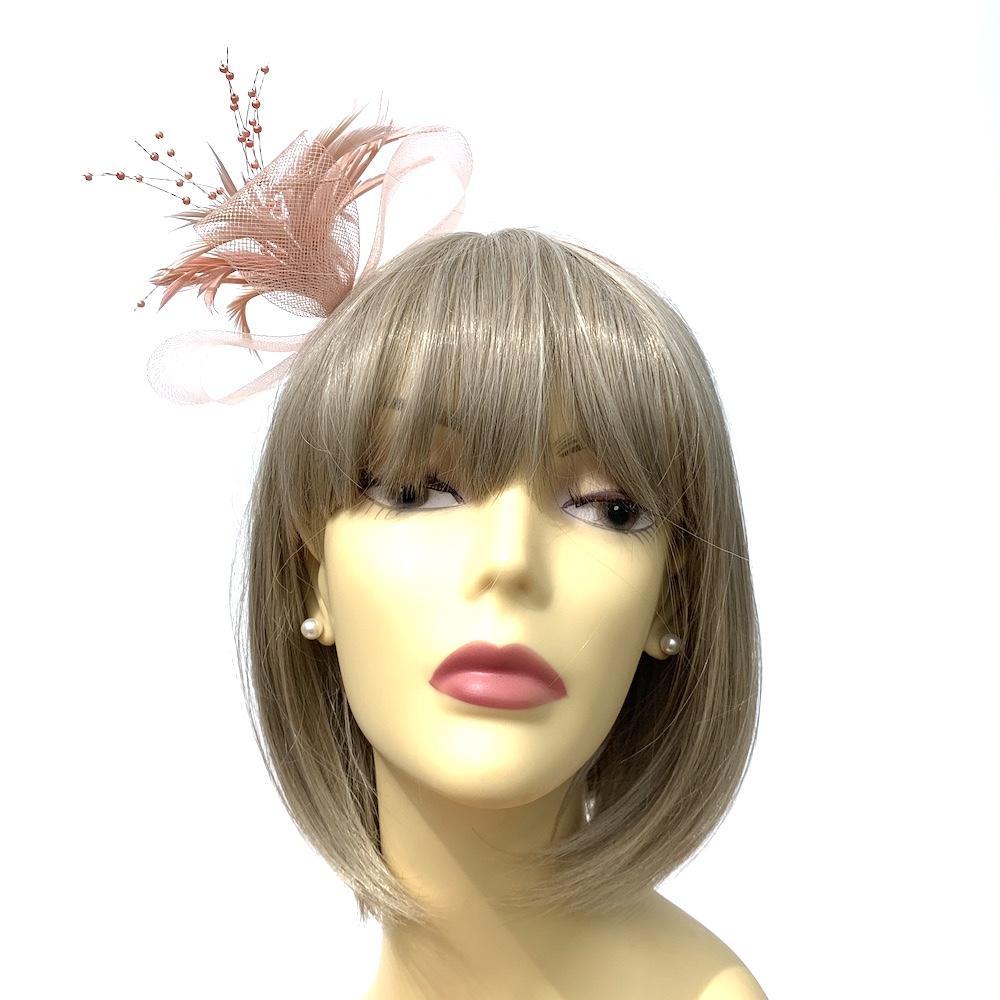 Blush Pink Fascinator with Crin Loops, Beads &amp; Feathers-Fascinators Direct