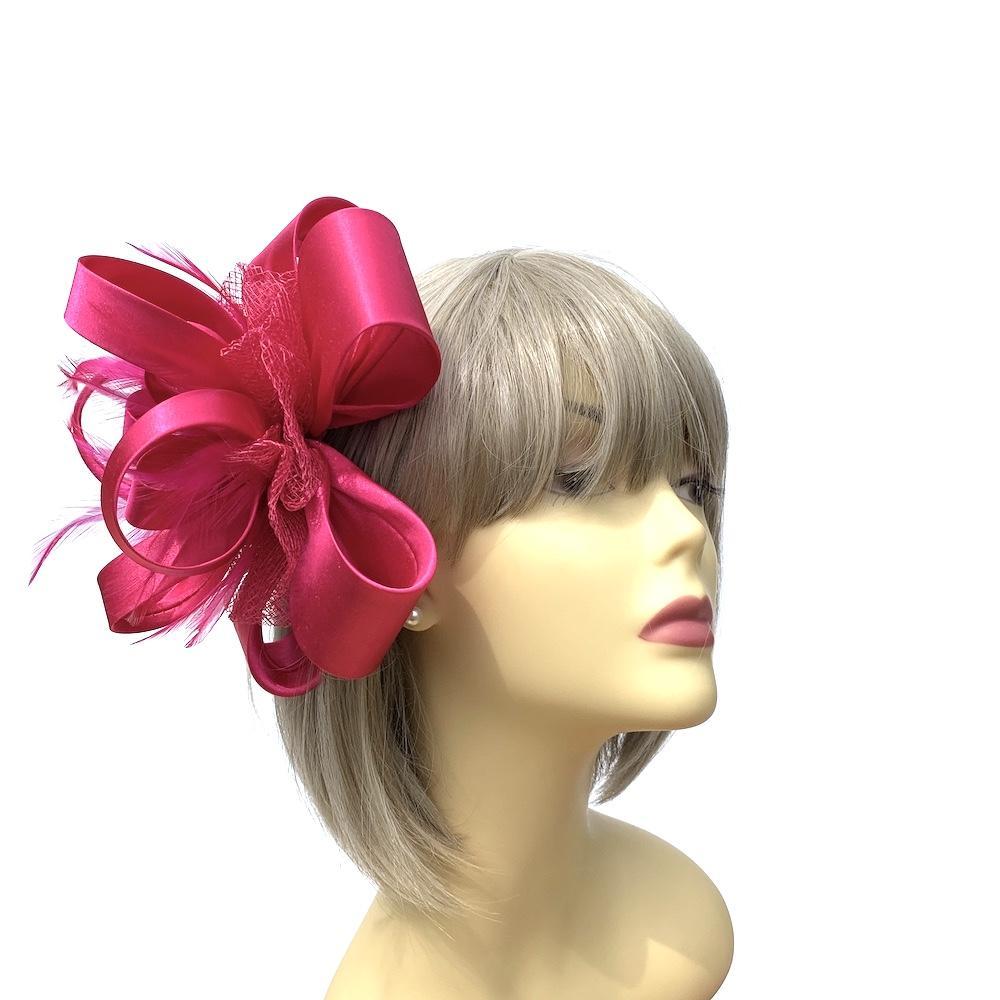 Bright Pink Fascinator with Satin &amp; Sinamay Flower &amp; Feathers-Fascinators Direct