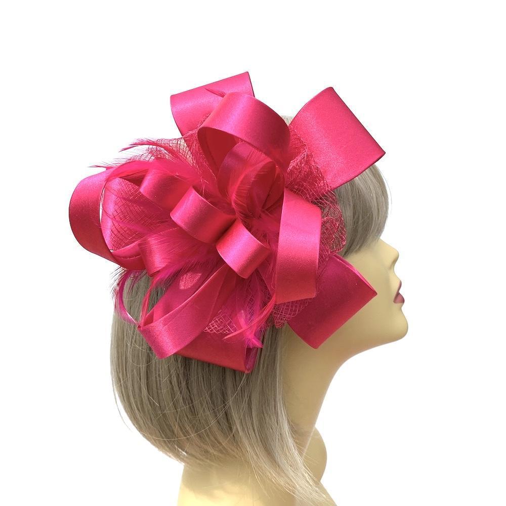 Bright Pink Fascinator with Satin &amp; Sinamay Flower &amp; Feathers-Fascinators Direct