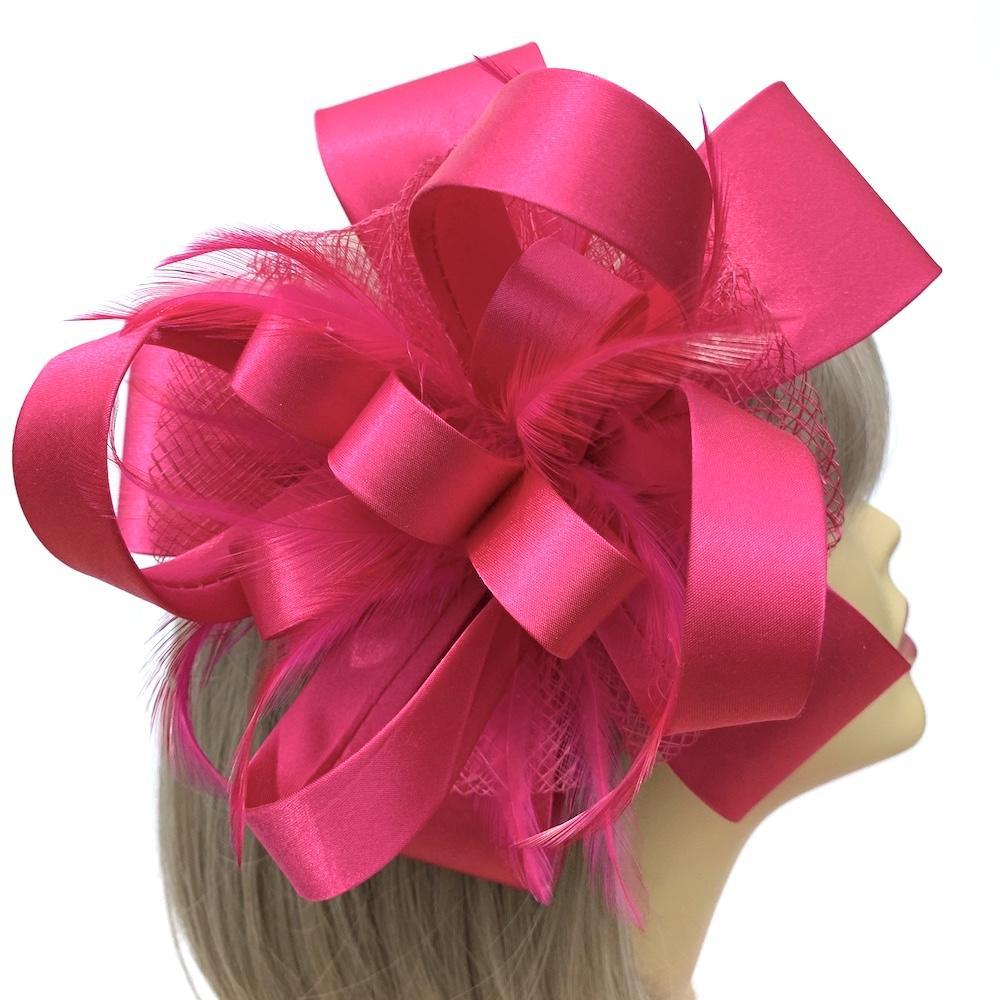 Bright Pink Fascinator with Satin &amp; Sinamay Flower &amp; Feathers-Fascinators Direct