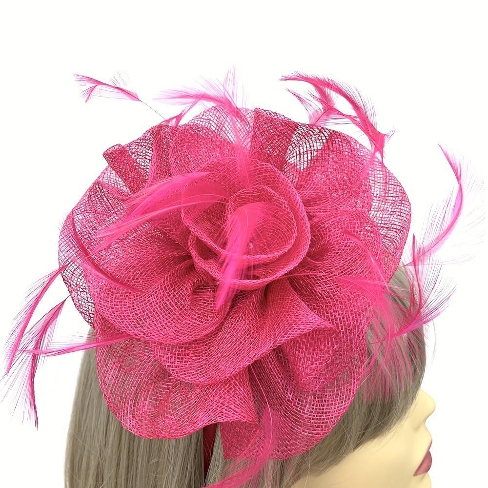 Bright Pink Sinamay Rose Fascinator Headband with Feathers-Fascinators Direct