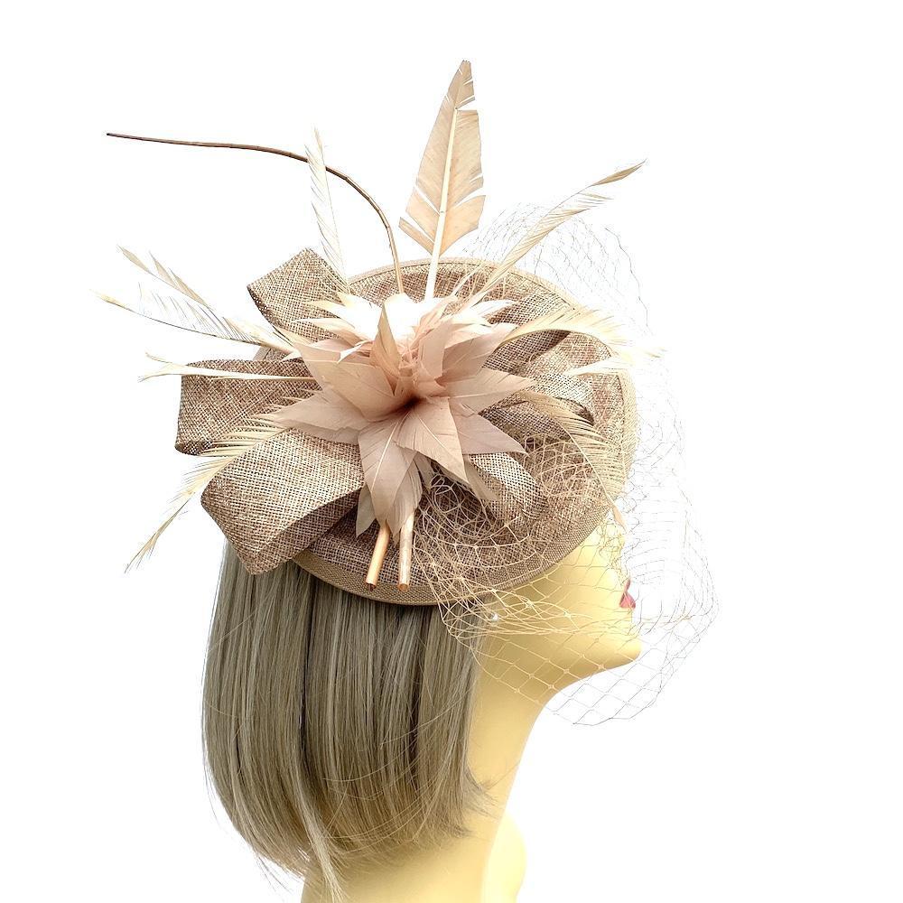 Bronze Fascinator with Veil & Feather Quill-Fascinators Direct