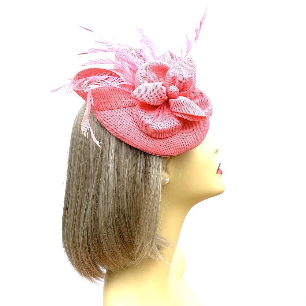 Bubblegum Pink Pillbox Fascinator with Pearl Flower &amp; Feathers-Fascinators Direct