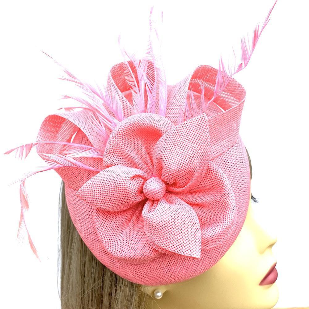 Bubblegum Pink Pillbox Fascinator with Pearl Flower &amp; Feathers-Fascinators Direct