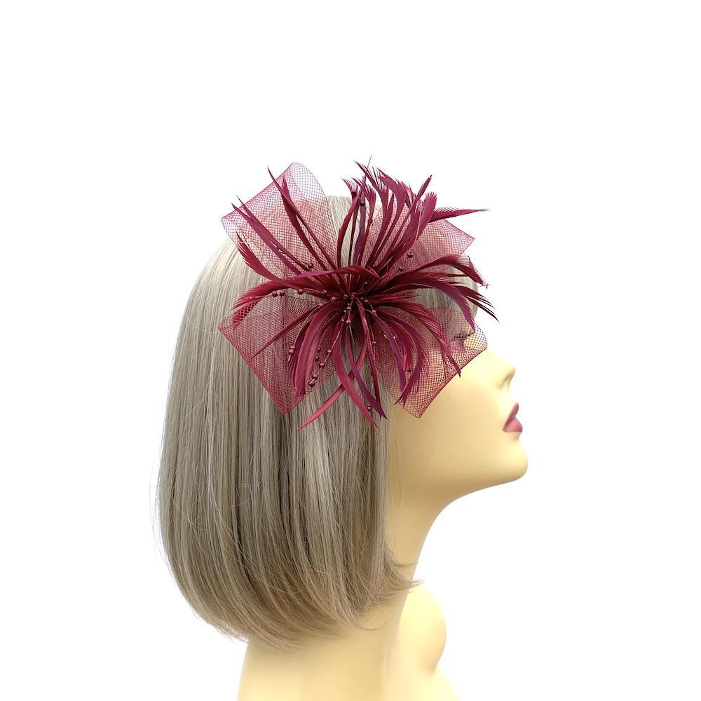 Burgundy Hair Fascinator with Crin Loops, Beads & Feathers-Fascinators Direct