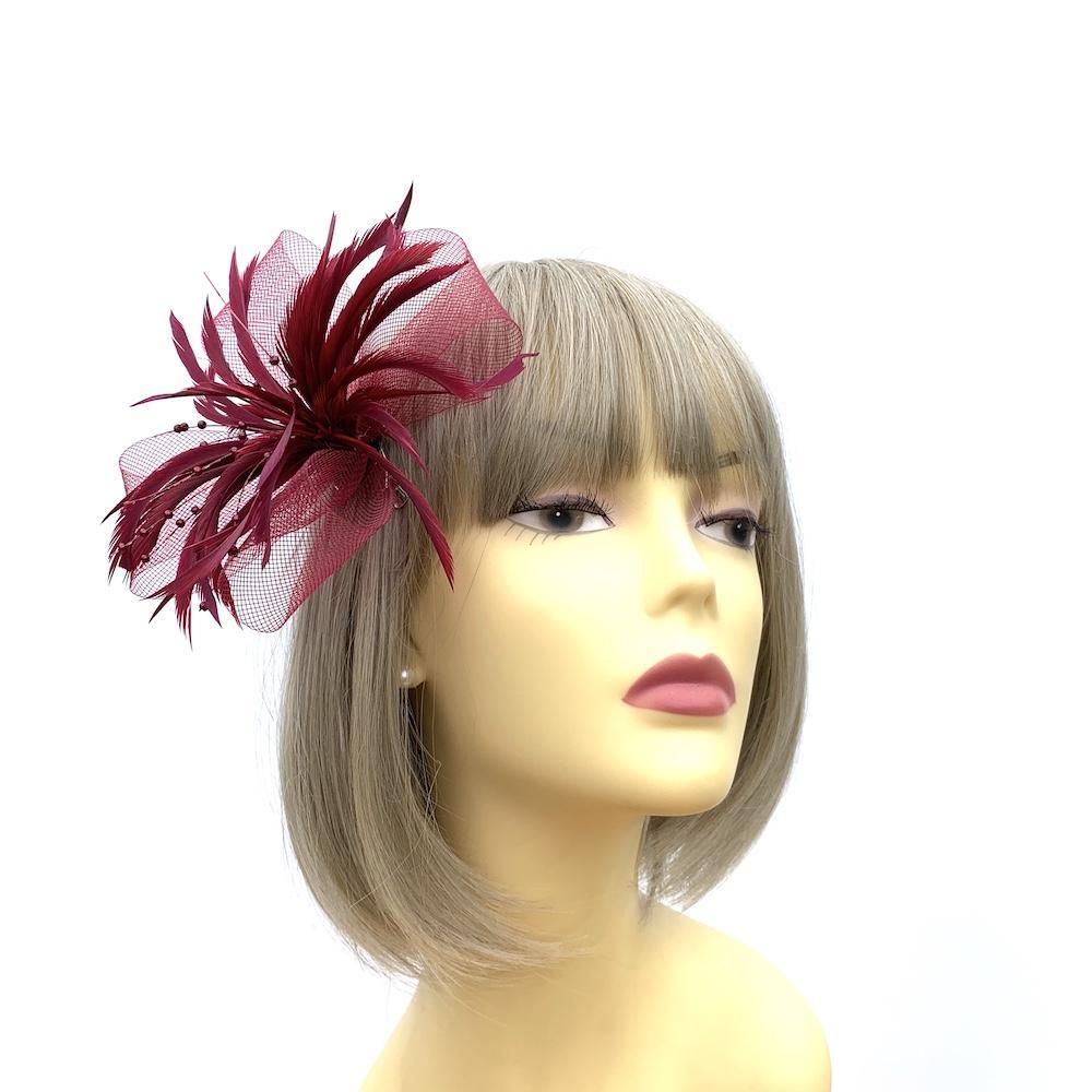 Burgundy Hair Fascinator with Crin Loops, Beads &amp; Feathers-Fascinators Direct