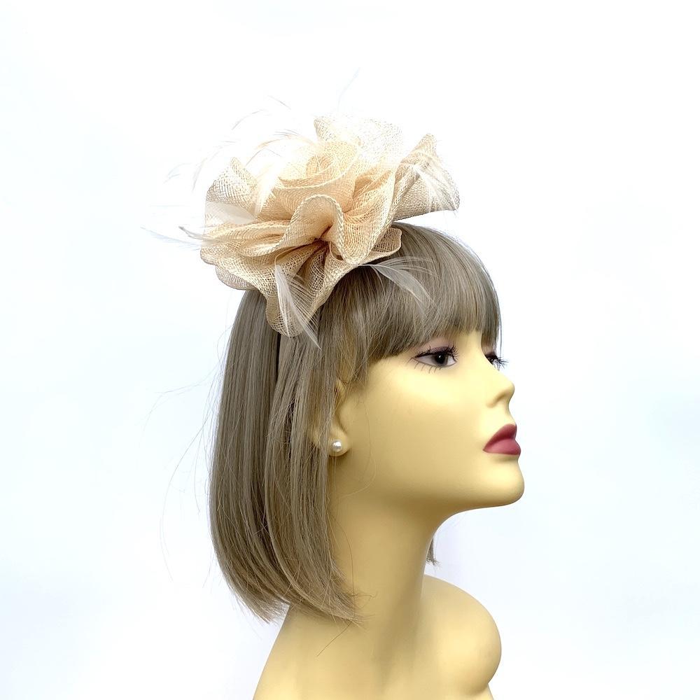 Champagne Sinamay Rose Fascinator Headband with Feathers-Fascinators Direct