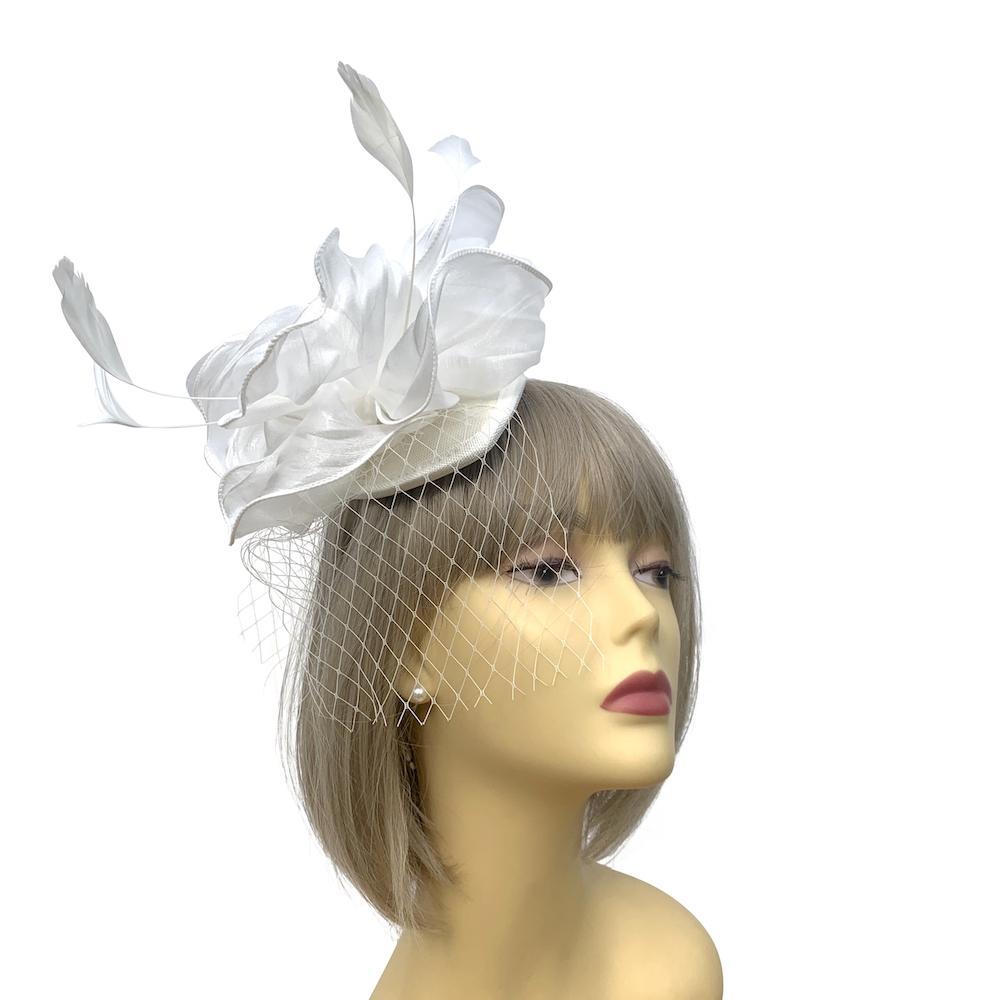 Chiffon Flower Metallic White Fascinator Headband-Fascinators Direct