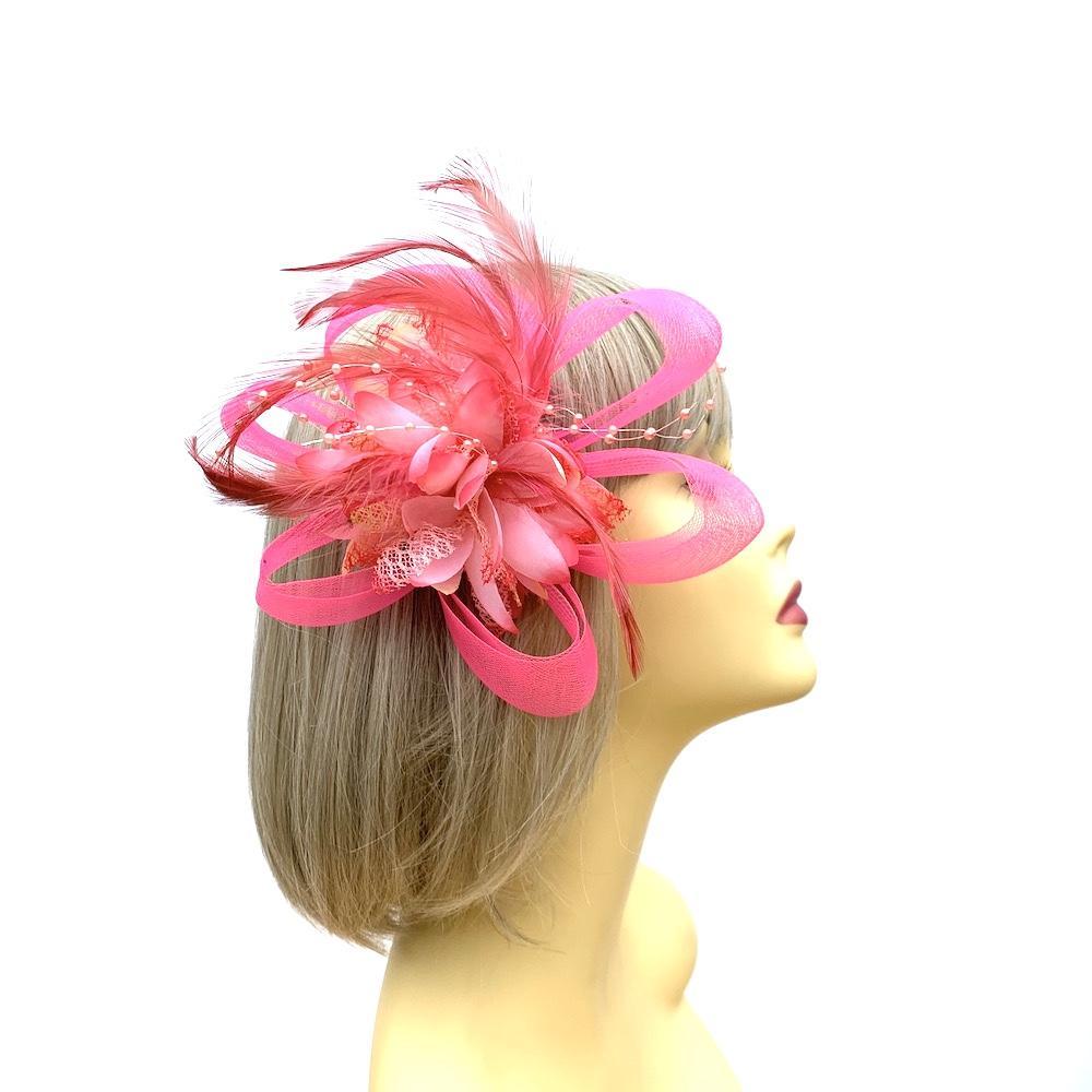 Clip In Bright Pink Hair Fascinator with Flower &amp; Loops-Fascinators Direct