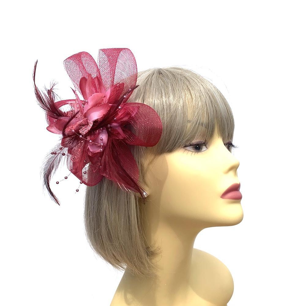 Clip In Burgundy Hair Fascinator with Flower &amp; Loops-Fascinators Direct