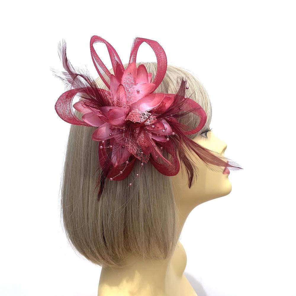 Clip In Burgundy Hair Fascinator with Flower &amp; Loops-Fascinators Direct