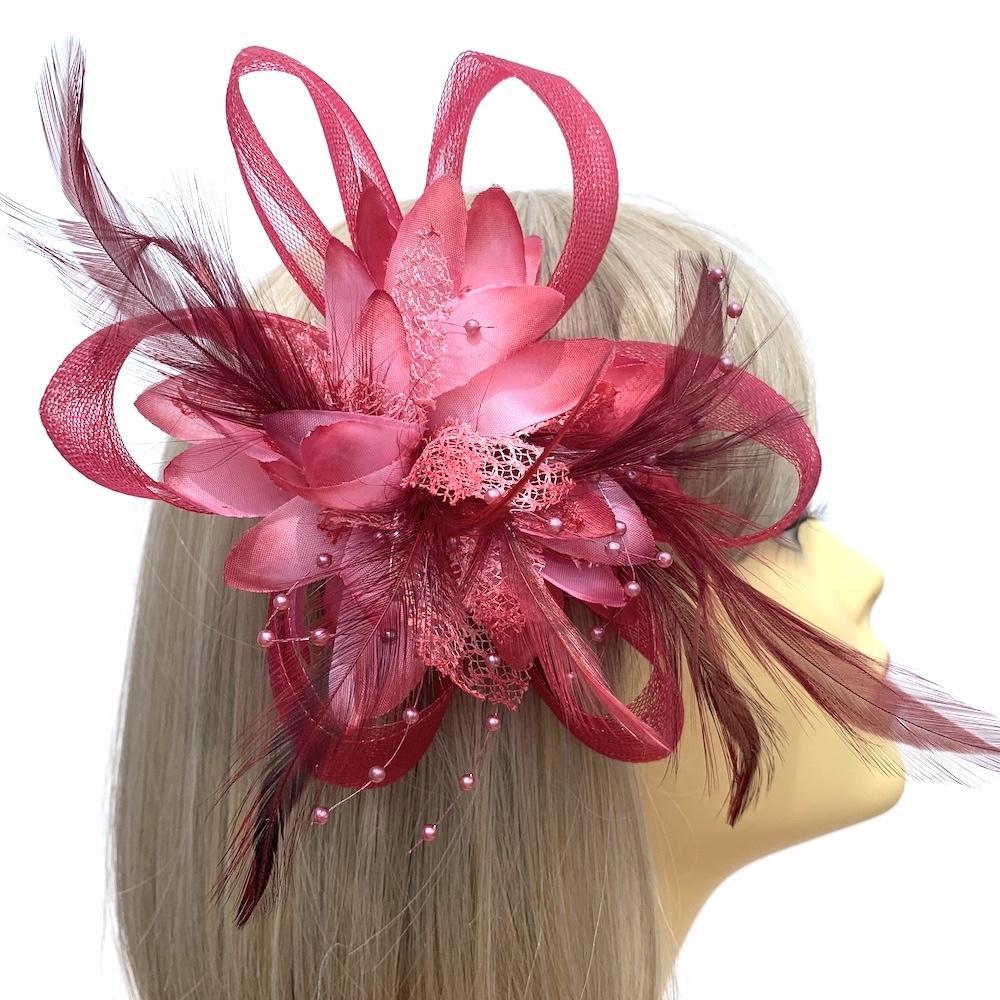Clip In Burgundy Hair Fascinator with Flower &amp; Loops-Fascinators Direct
