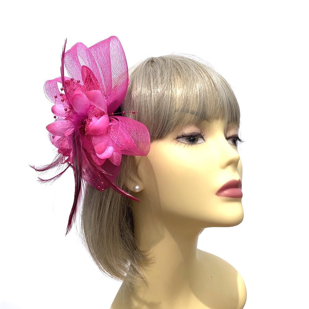 Clip In Fuchsia Hair Fascinator with Flower & Loops-Fascinators Direct