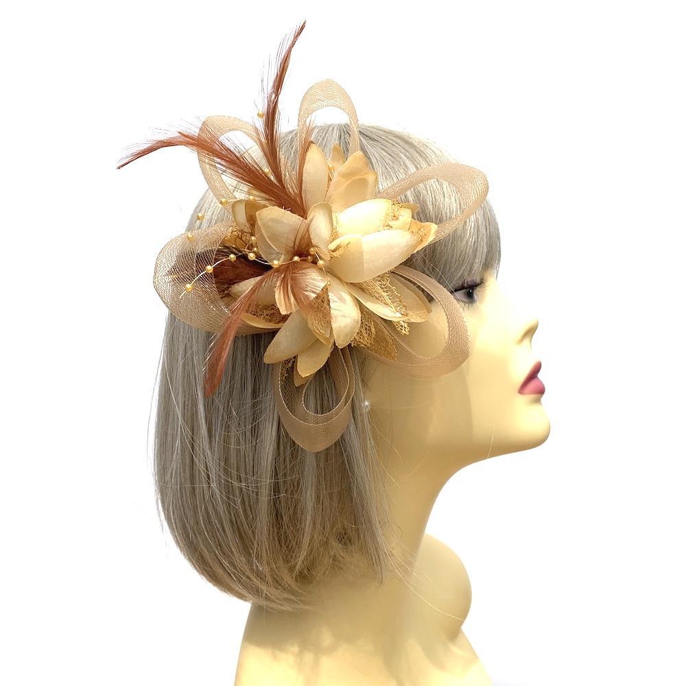 Clip In Gold Hair Fascinator with Flower & Loops-Fascinators Direct