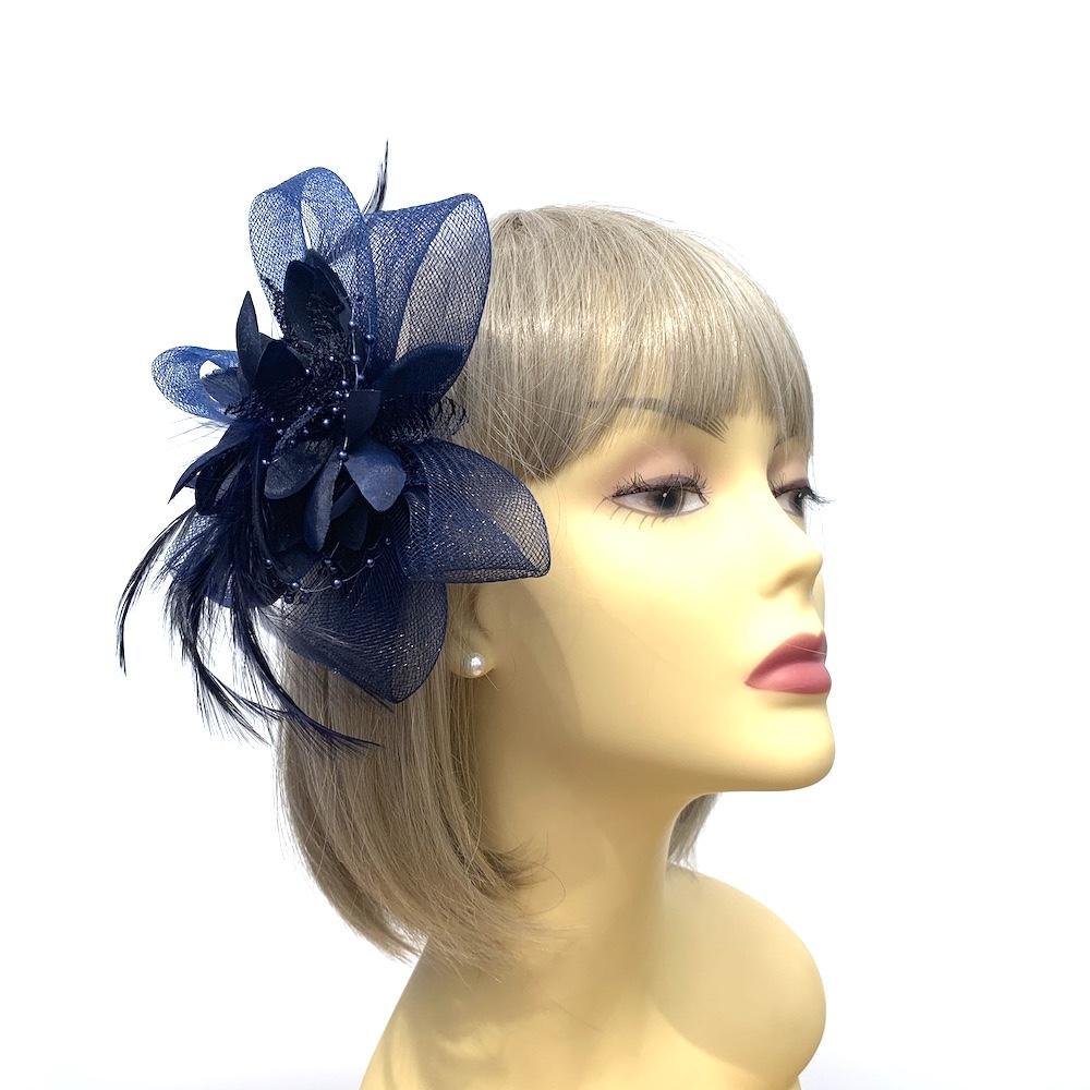Clip In Navy Hair Fascinator with Flower & Loops-Fascinators Direct