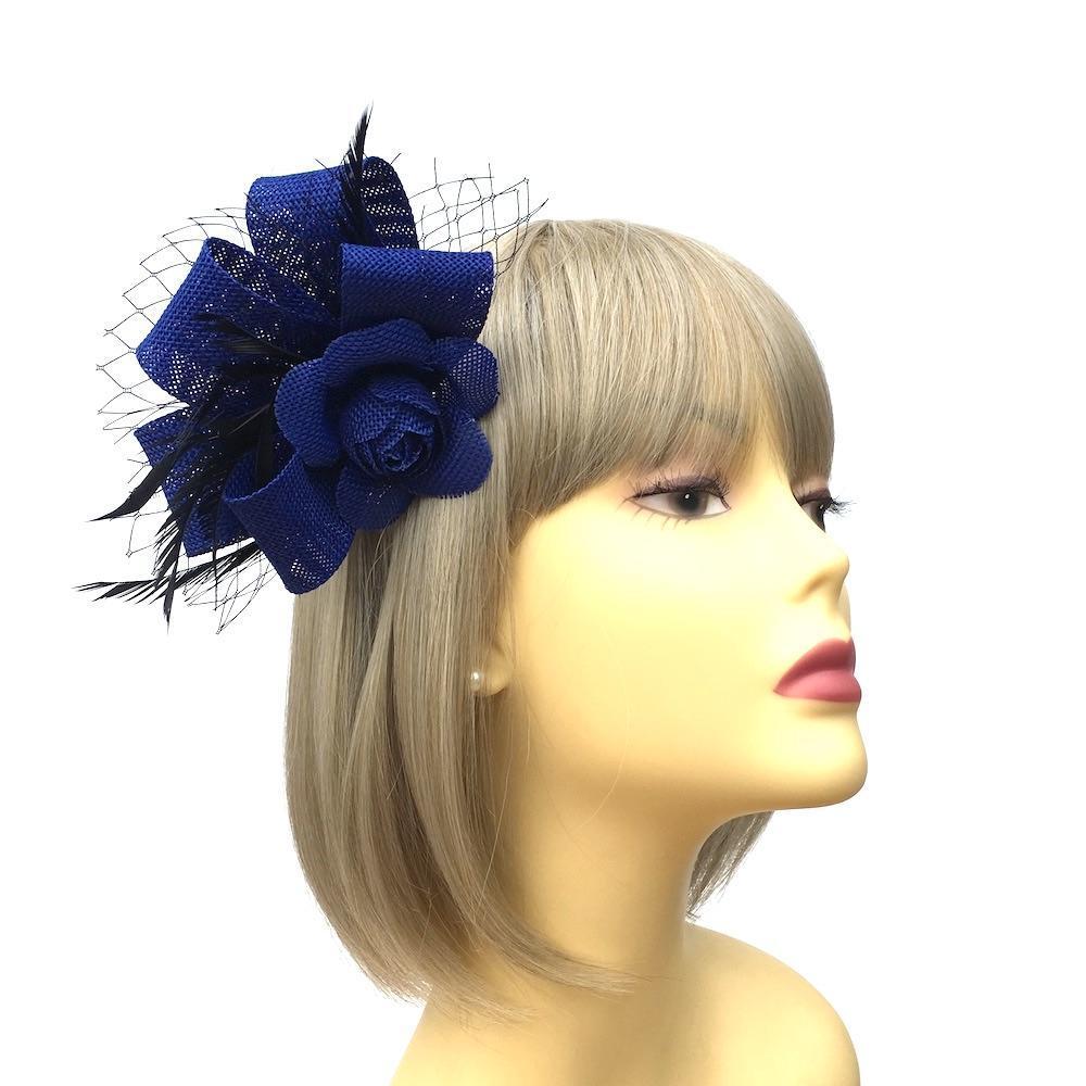 Clip On Bijou Blue & Black Fascinator with Feathers & Netting-Fascinators Direct