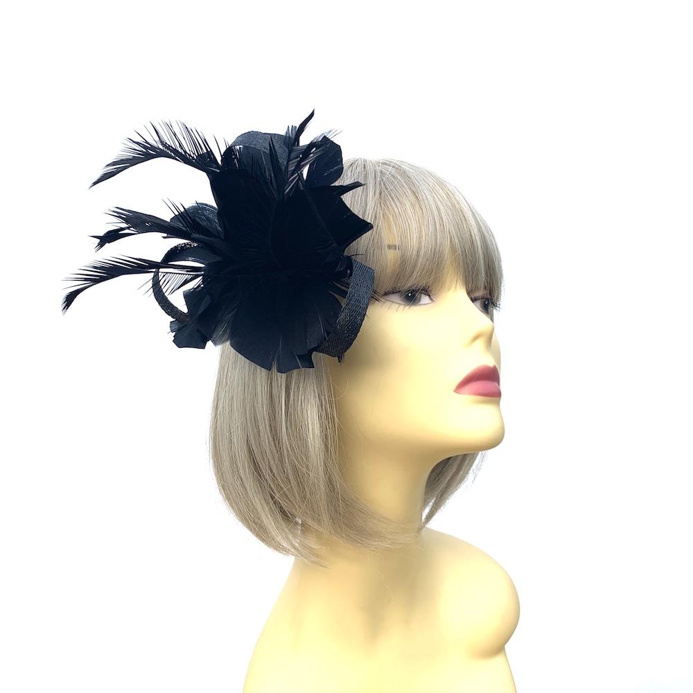 Clip On Black Fascinator with Loops & Feather Flower-Fascinators Direct