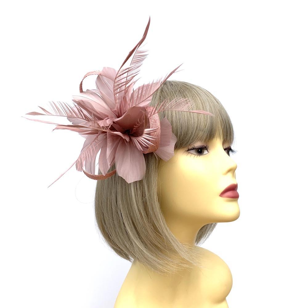 Clip On Dusky Pink Fascinator with Loops & Feather Flower-Fascinators Direct
