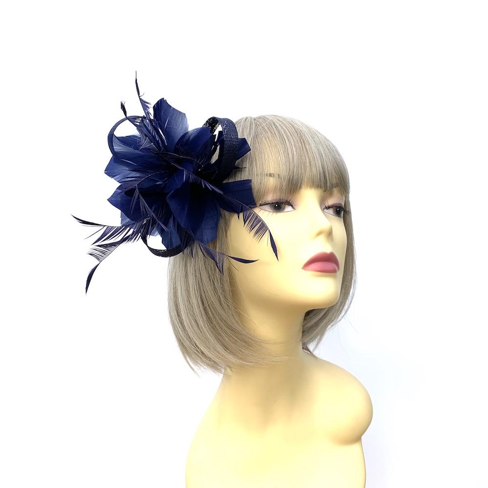 Clip On Navy Fascinator with Loops & Feather Flower-Fascinators Direct
