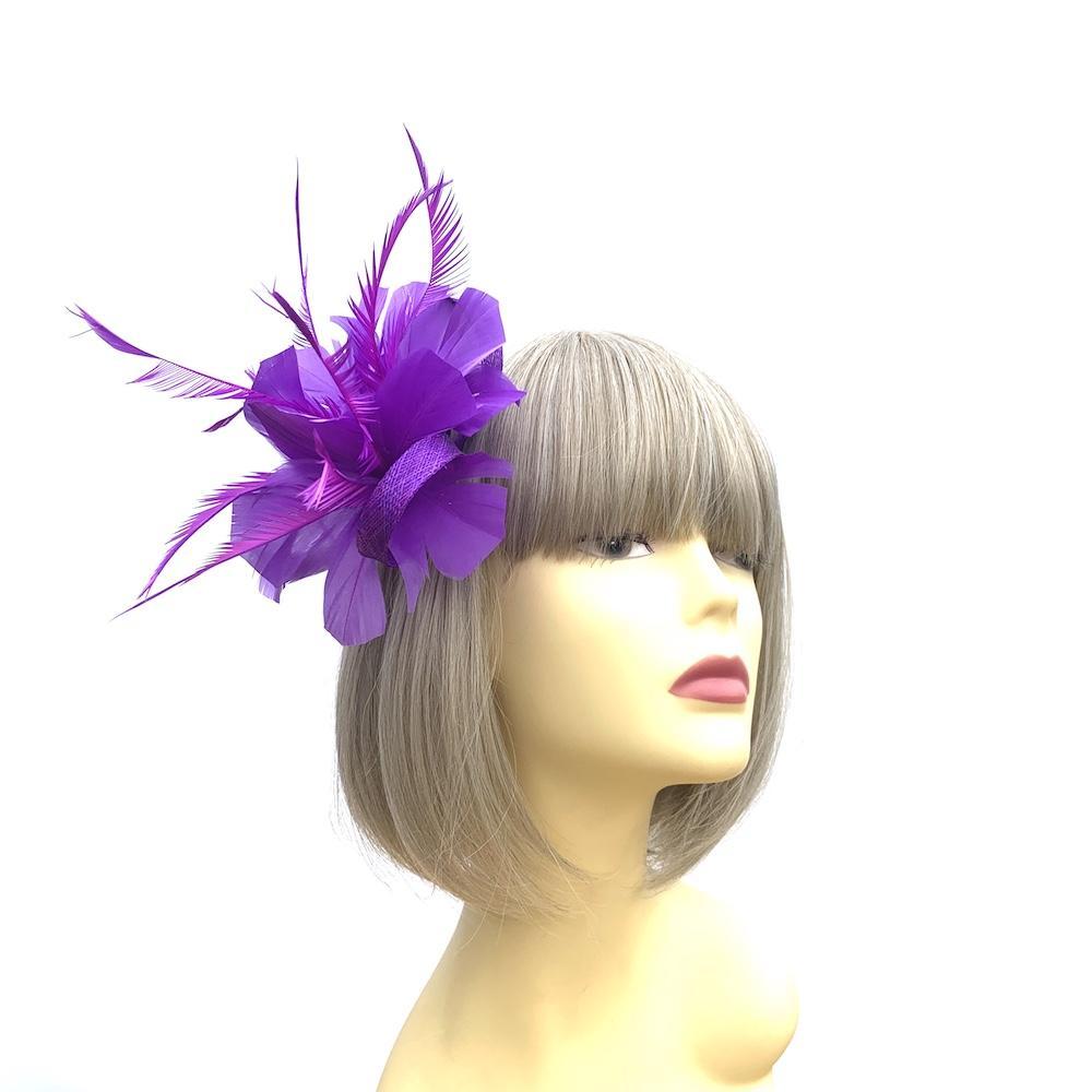 Clip On Purple Fascinator with Loops & Feather Flower-Fascinators Direct