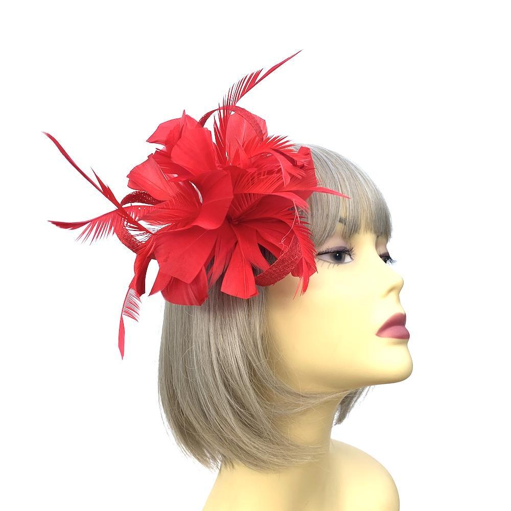 Clip On Red Fascinator with Loops & Feather Flower-Fascinators Direct