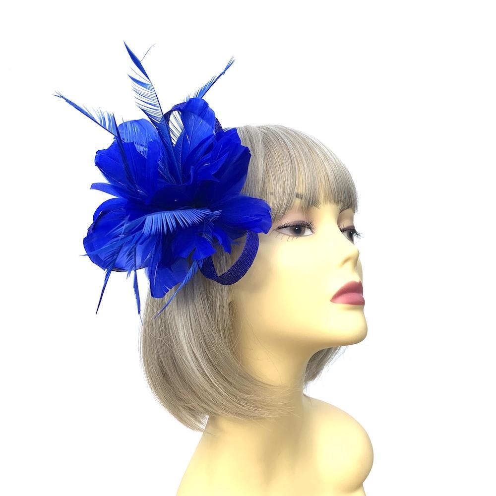 Clip On Royal Blue Fascinator with Loops & Feather Flower-Fascinators Direct