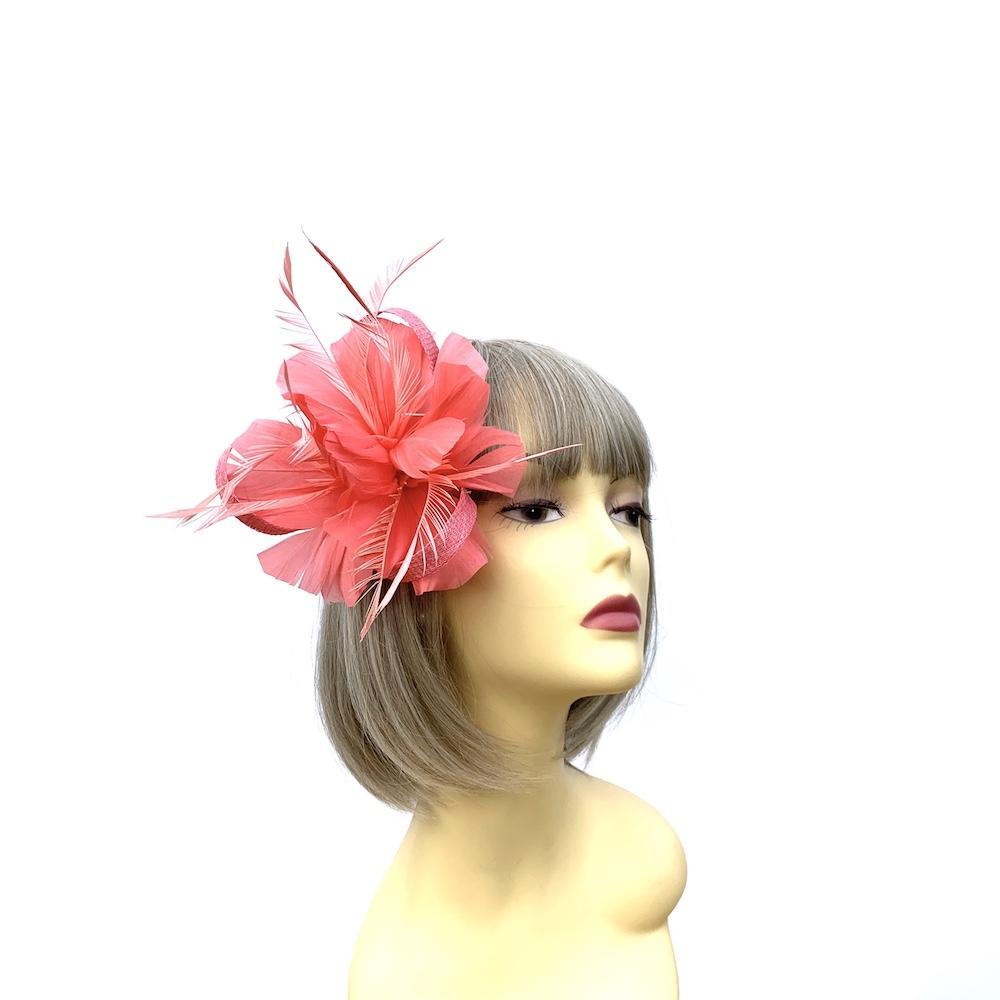 Clip On Salmon Fascinator with Loops & Feather Flower-Fascinators Direct