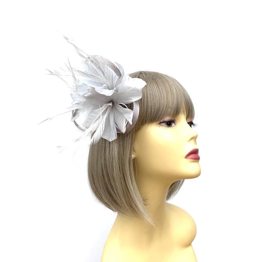 Clip On Silver Fascinator with Loops & Feather Flower-Fascinators Direct