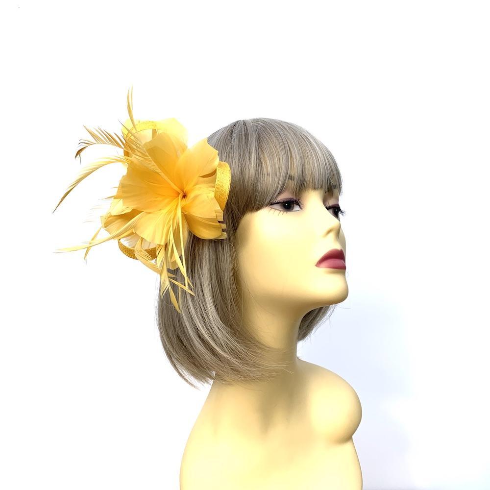 Clip On Yellow Fascinator with Loops & Feather Flower-Fascinators Direct