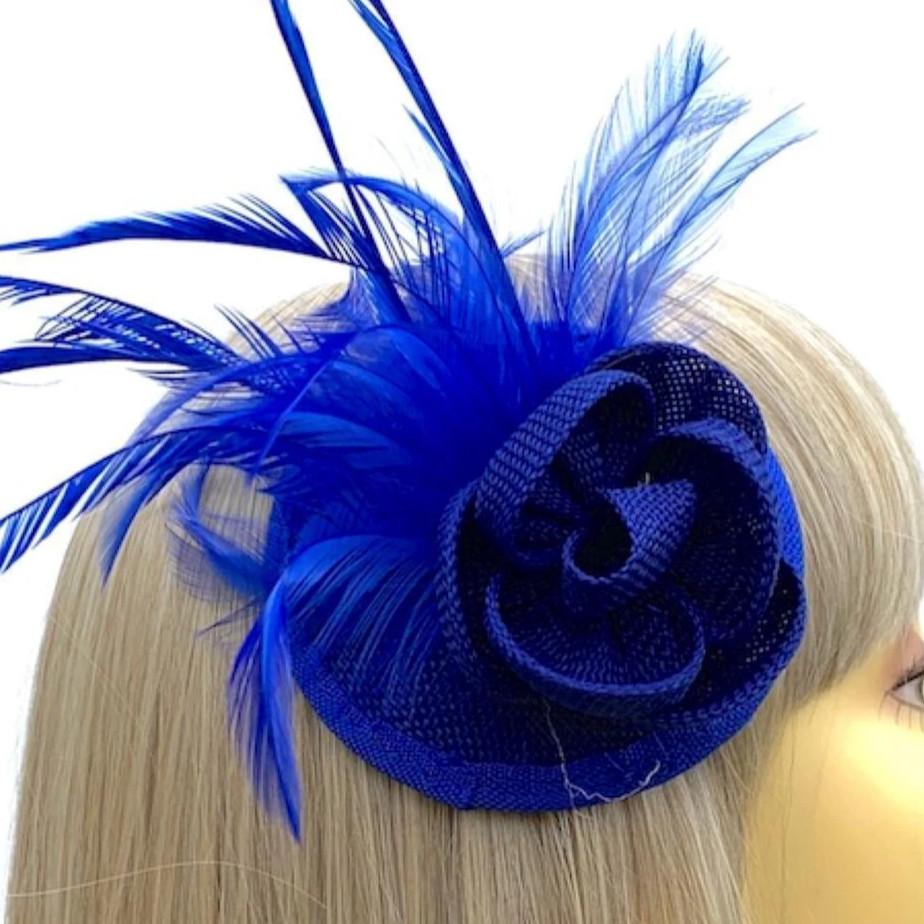 Weddings Races Cobalt Blue Disc Fascinator with Flower Feathers