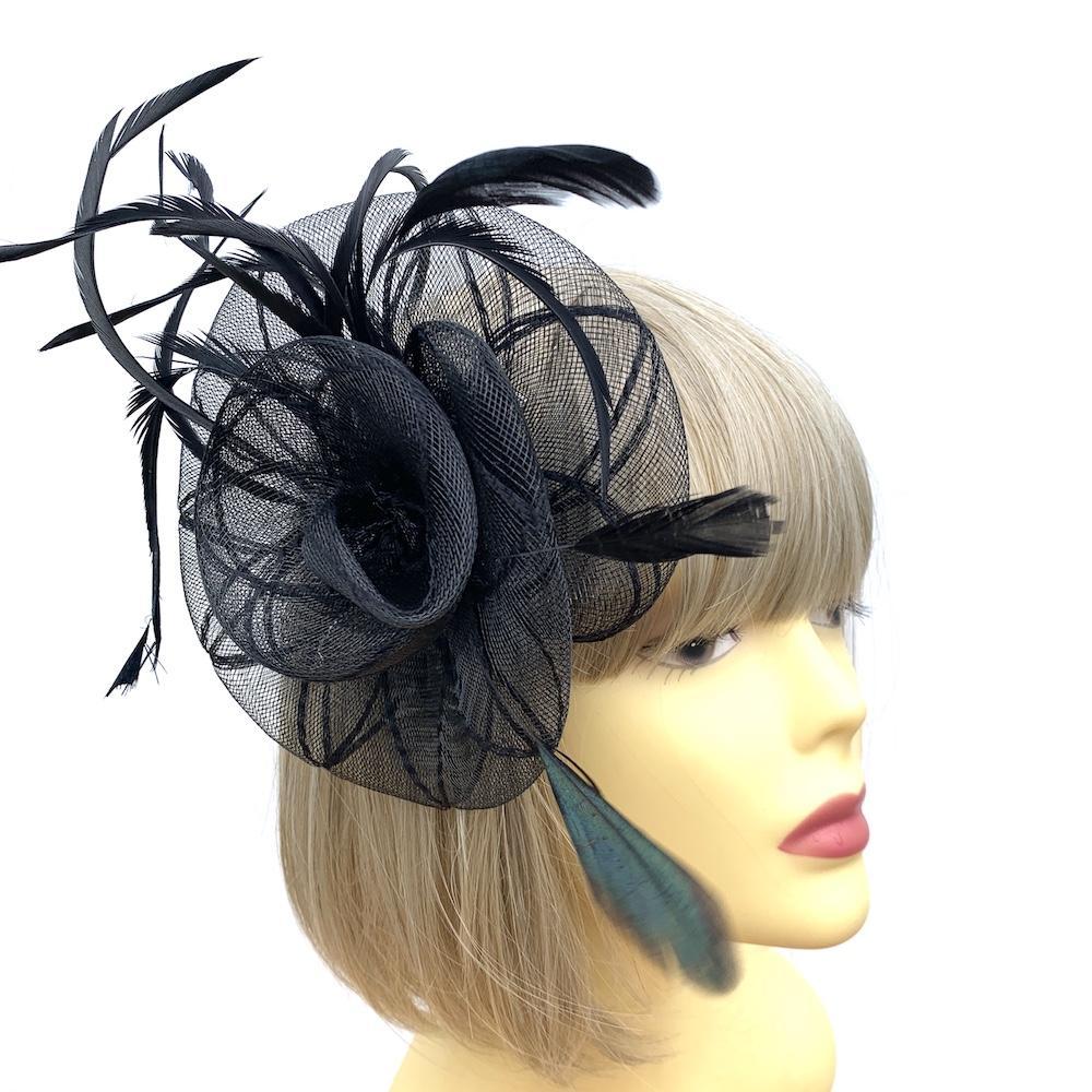 Coiled Crinoline Black Flower Fascinator with Feathers-Fascinators Direct