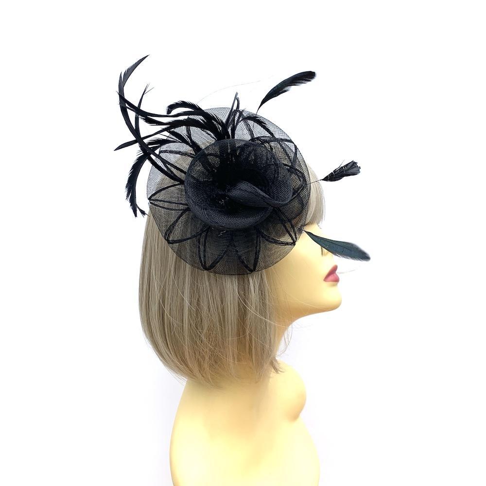 Coiled Crinoline Black Flower Fascinator with Feathers-Fascinators Direct