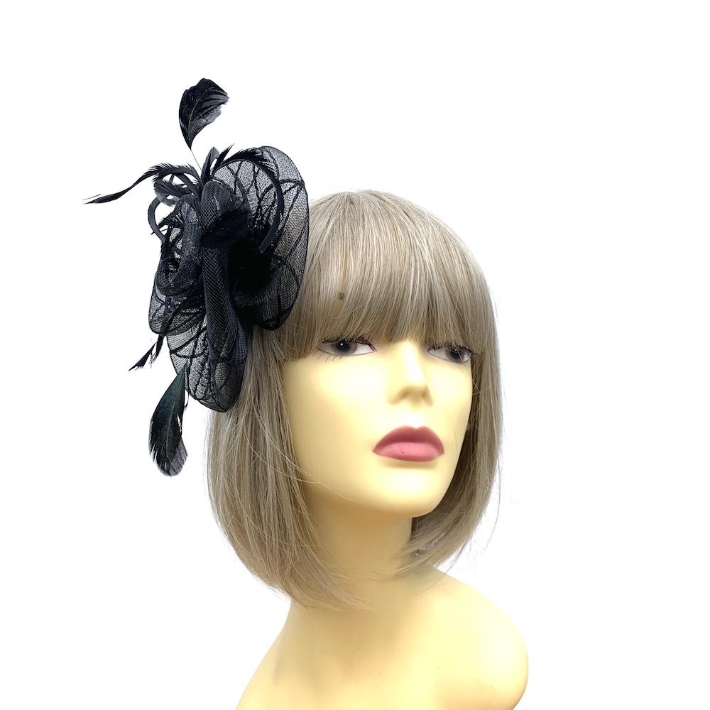 Coiled Crinoline Black Flower Fascinator with Feathers-Fascinators Direct