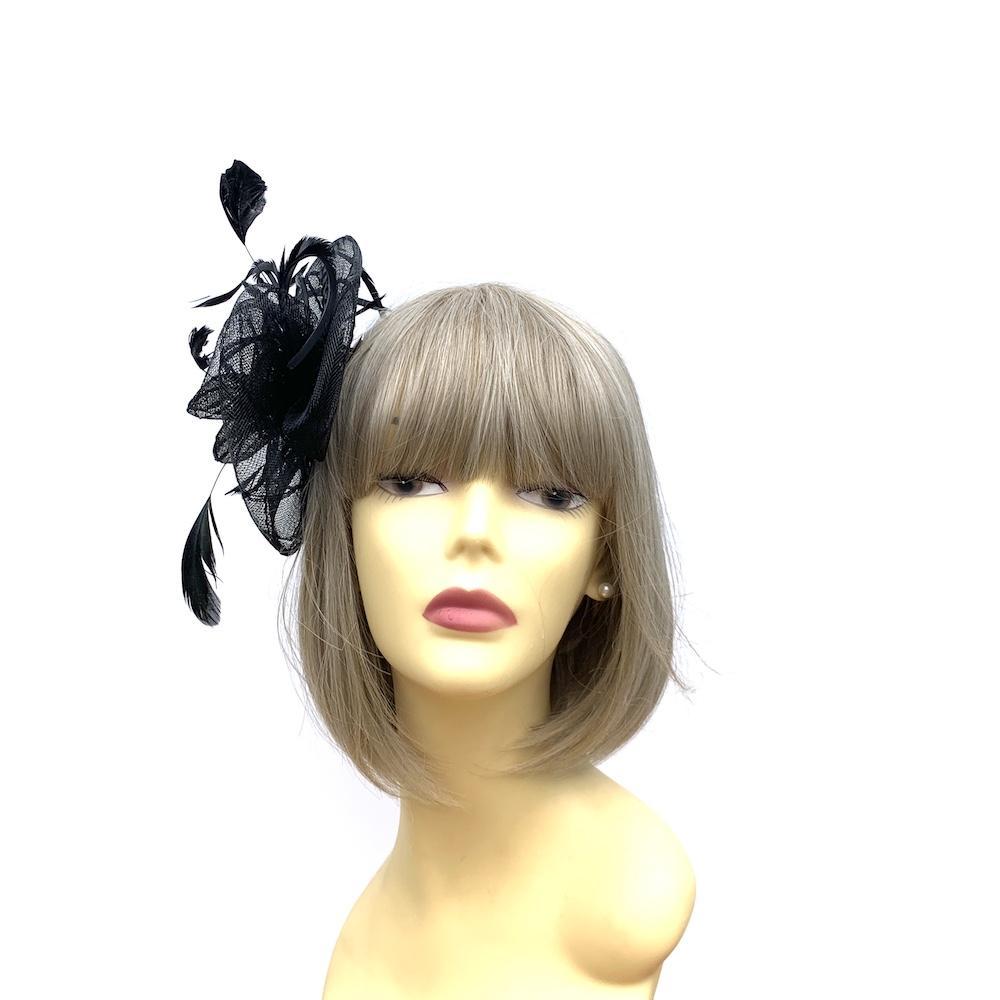 Coiled Crinoline Black Flower Fascinator with Feathers-Fascinators Direct