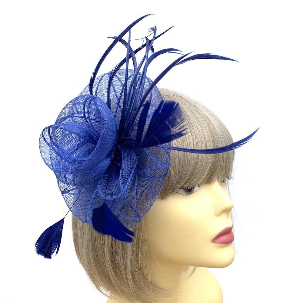 Coiled Crinoline Blue Flower Fascinator with Feathers-Fascinators Direct