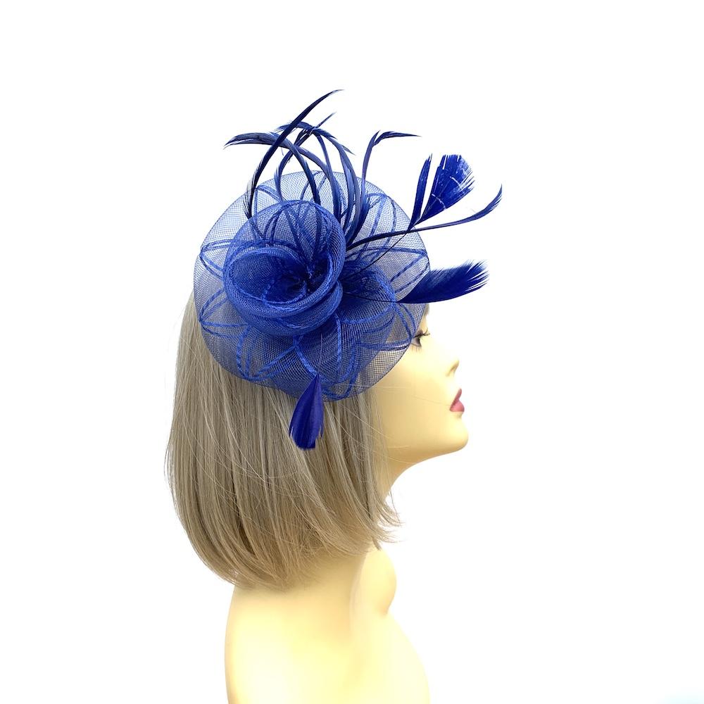 Coiled Crinoline Blue Flower Fascinator with Feathers-Fascinators Direct