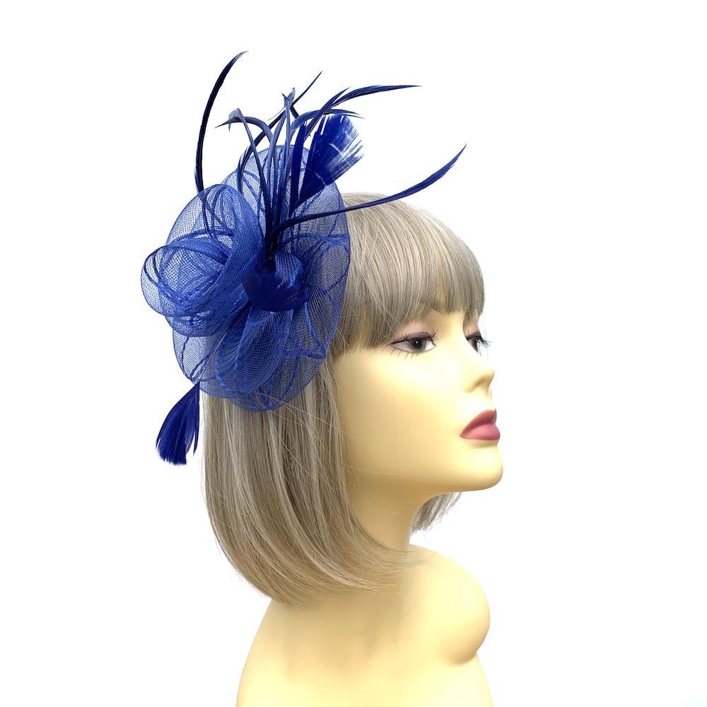 Coiled Crinoline Blue Flower Fascinator with Feathers-Fascinators Direct