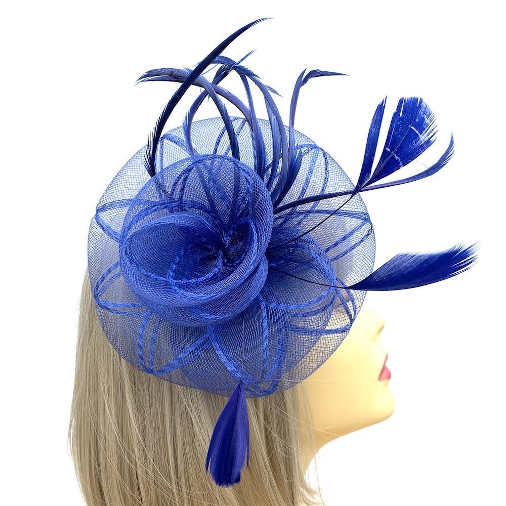 Coiled Crinoline Blue Flower Fascinator with Feathers-Fascinators Direct