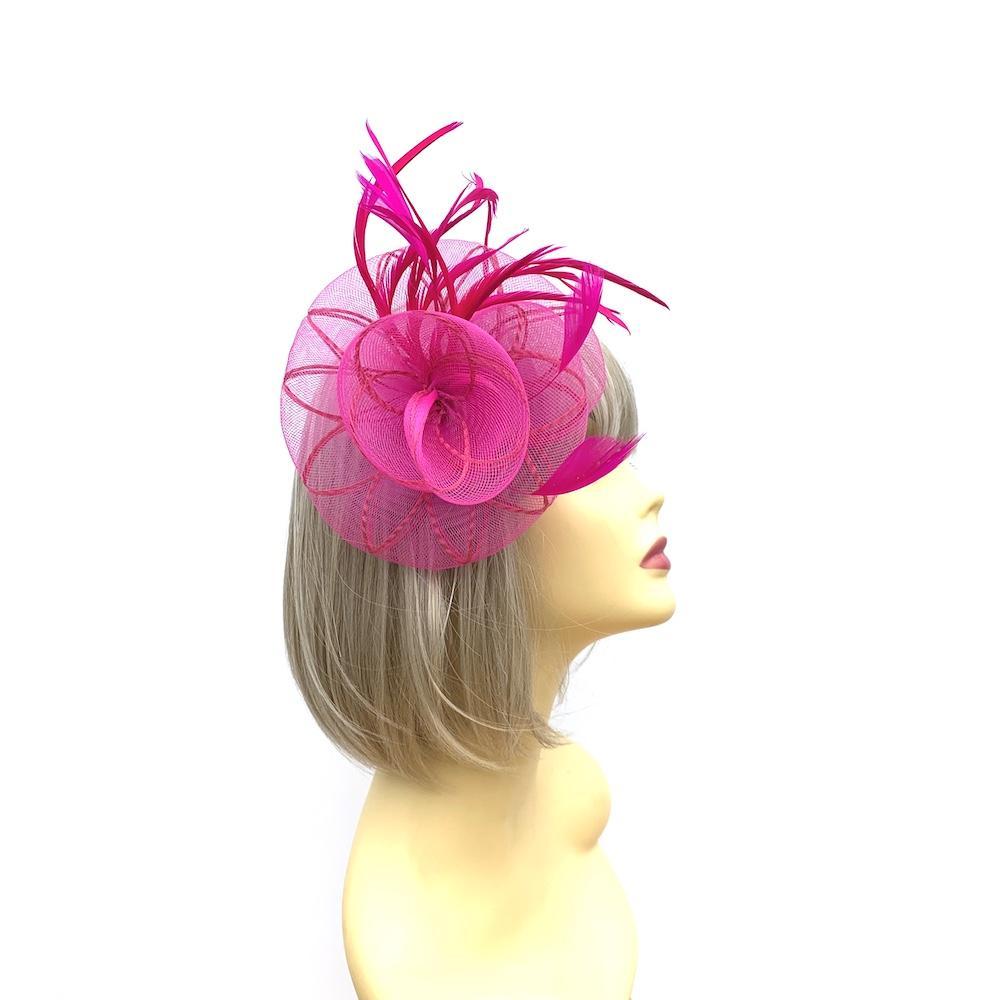 Coiled Crinoline Fuchsia Pink Flower Fascinator with Feathers-Fascinators Direct