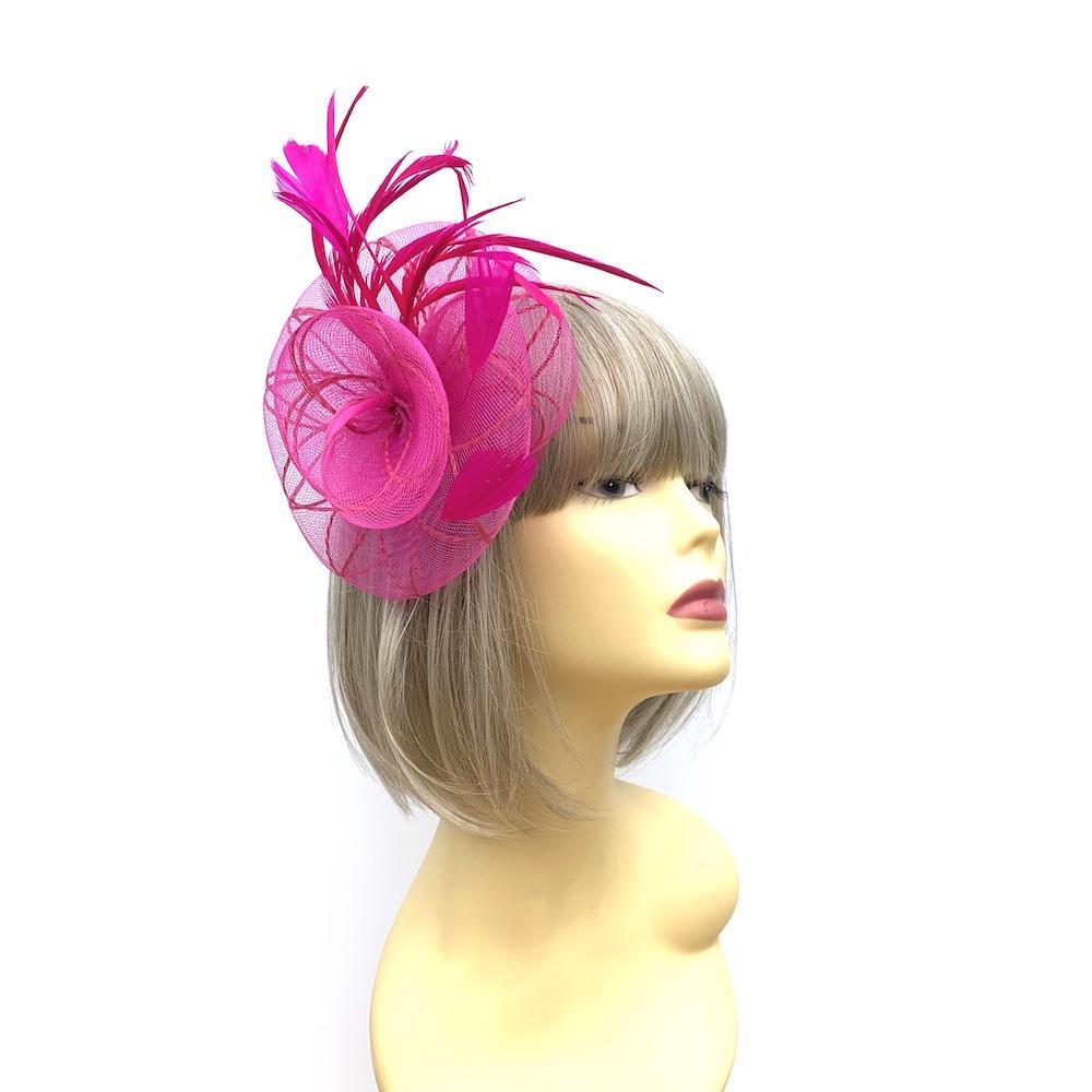 Coiled Crinoline Fuchsia Pink Flower Fascinator with Feathers-Fascinators Direct