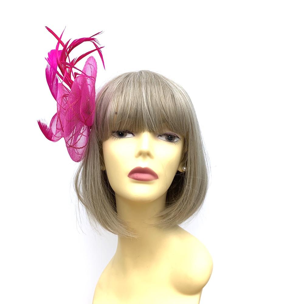 Coiled Crinoline Fuchsia Pink Flower Fascinator with Feathers-Fascinators Direct