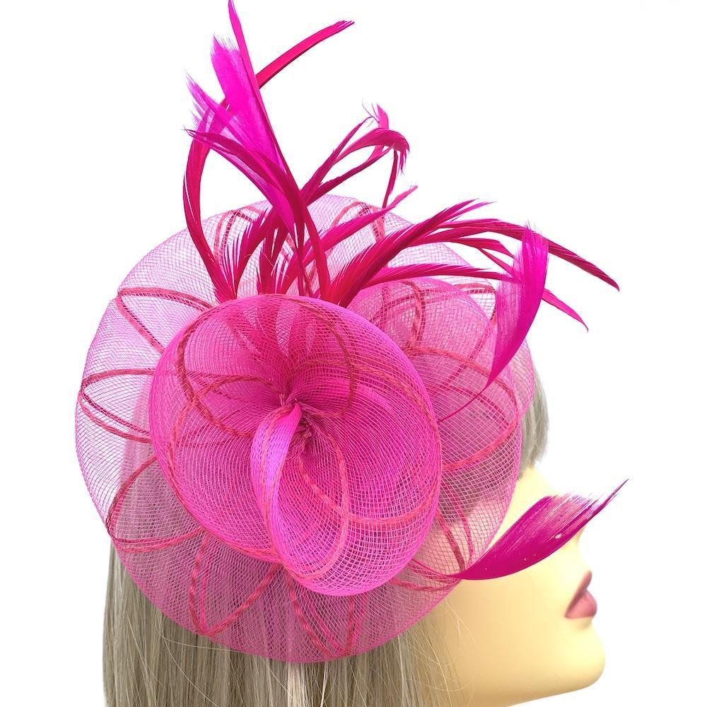 Coiled Crinoline Fuchsia Pink Flower Fascinator with Feathers-Fascinators Direct