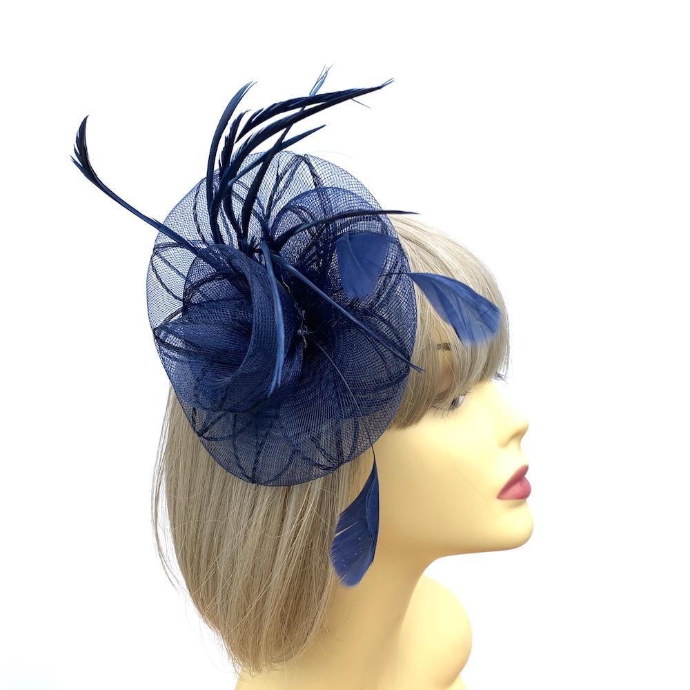 Coiled Crinoline Navy Flower Fascinator with Feathers-Fascinators Direct