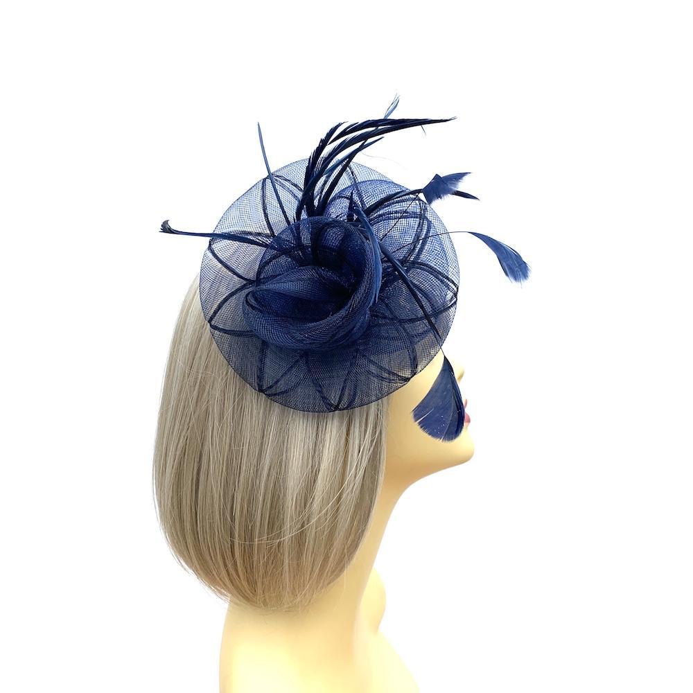 Coiled Crinoline Navy Flower Fascinator with Feathers-Fascinators Direct