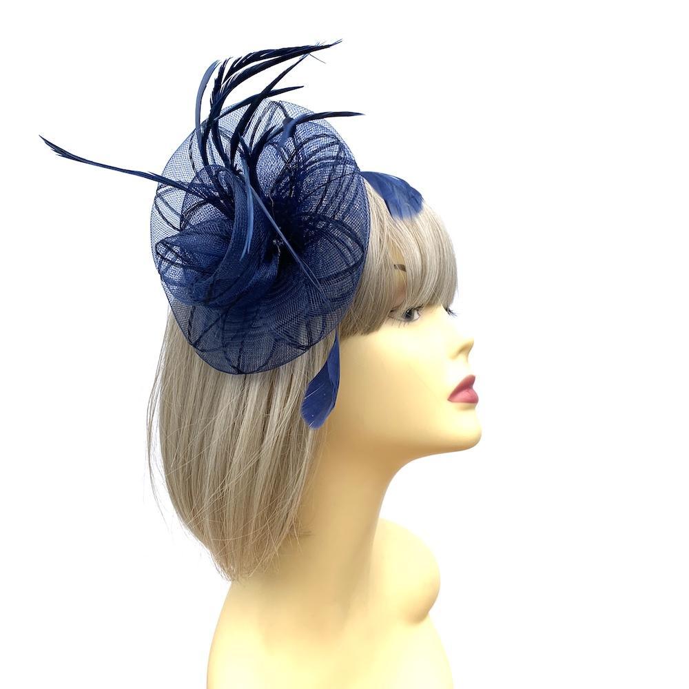 Coiled Crinoline Navy Flower Fascinator with Feathers-Fascinators Direct